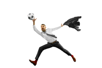 After work leisure. Businessman in formal wear running and playing with football ball isolated on transparent background. Concept of human emotions, sport, hobby, leisure activity, business