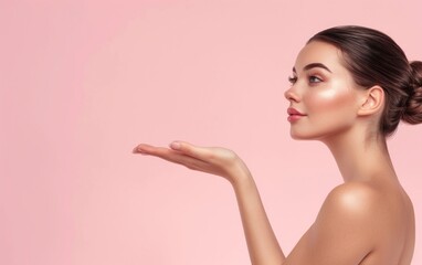 Beautiful woman with perfect skin, side view, hand outstretched to the right of her face, light pink background, beauty concept 