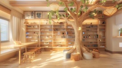 Playful and colorful library design featuring a tree with book-filled branches and blossoms.