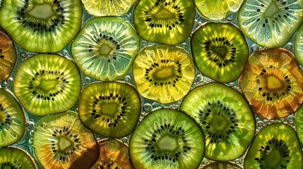 "Kiwi Kaleidoscope: Lush Greens and Radiant Golds in a Fruit Symphony.