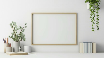 Frame mockup, wood chest of drawers and green plant, white wall home room interior, 3D render