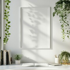 Frame mockup, wood chest of drawers and green plant, white wall home room interior, 3D render