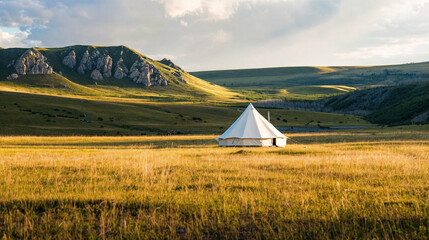 Tent in field and mountains. Vacation in nature. Camping holidays