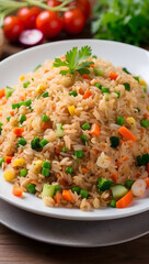 Fried rice is very tempting and looks delicious, complete with vegetables and meat, in vertical form