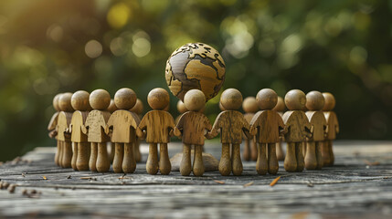 Wooden Figures Holding Hands Across the Globe: A Symbol of Unity and Connection