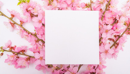 Mock-up of white blank card sheet of paper with pink sakura branch. Beautiful flowers. Top view