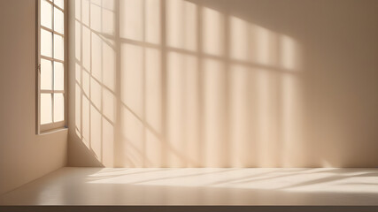Obraz premium Minimalistic a light beige background for product presentation with light and intricate shadow from the window and wall