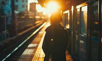 Commuter Waiting at Subway Station with Incoming Train at Sunset