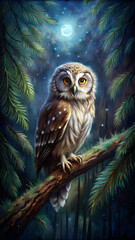 Majestic Owl Perched in Moonlit Forest
