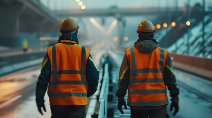 A team of repair workers on the road. Two men in orange vests and safety helmets walk along a road under construction