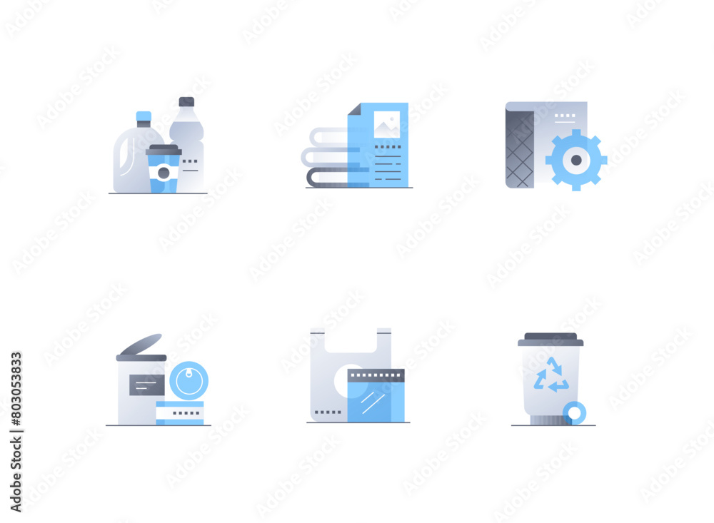 Aufkleber garbage and waste sorting - flat design style icons set. high quality colorful images of plastic bot