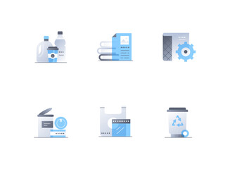 Garbage and waste sorting - flat design style icons set. High quality colorful images of plastic bottles and cups, waste paper, rubber and tin cans, bag, reuse and trash container. Recycling idea