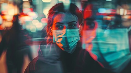 Urban woman wearing a mask during nighttime illumination - Powered by Adobe