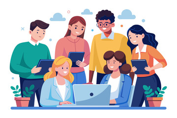 Young business people meeting office teamwork group laptop tablet presentation seminar businesswoman startup creative training businessman leader student education brainstorming computer technology