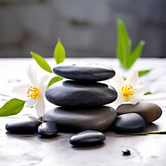 spa stone,stack of balanced vantawhite vantablack stones, block of stones, minimalism photography, nature rich environment, white flower,generate ai

