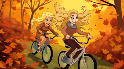 Blonde best friends in cartoonish style, racing their bikes downhill among falling autumn leaves.