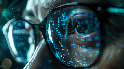 Close-up of a young man looking at a computer screen. The screen is filled with a lot of numbers and lines. A man with glasses