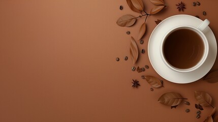 Obraz premium Tea cup white ceramic mug for relaxing breakfast copy space brown background