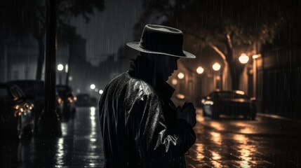 Mysterious Man in Raincoat and Hat Smoking Cigarette under Umbrella in Noir City at Night - Moody Urban Cinematic Scene with Vintage Aesthetic and Atmospheric Ambiance