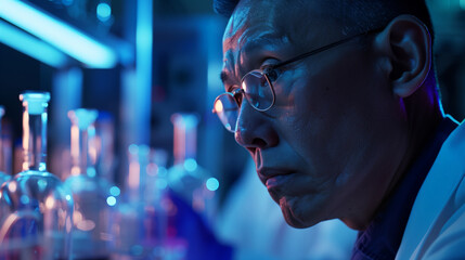 An Asian middle-aged man in glasses and a lab coat looks at a pile of glass bottles. The bottles are of different shapes and sizes
