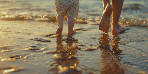 Summer concept - child and parent walking on the beach