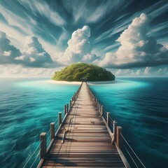 wooden bridge over the sea. tropical island in the sea,  Wooden pier to an island in ocean, blue sky with white clouds. wooden bridge over the ocean