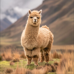  llama standing in a grassy field with mountains in the background.