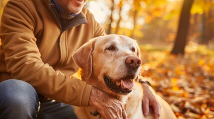 Man stroking his old dog. Loyal labrador retriever enjoying autumn sunny say with his owner....