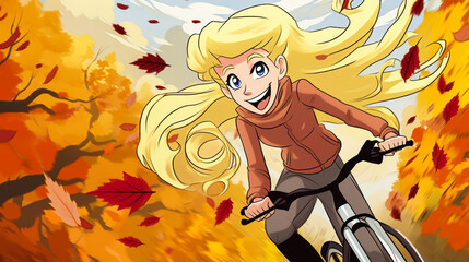 Animated best friends with blonde hair enjoying a downhill bike race amid tumbling autumn leaves.