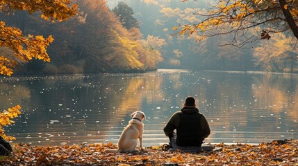 Reflective Mood: Create a contemplative atmosphere by capturing the man sitting with his Labrador...