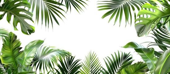 Tropical green palm leaves and jungle foliage pattern isolated on a white background, with space for text or design.