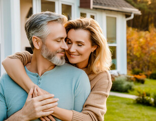 Middle aged love man woman couple embracing in front of new house