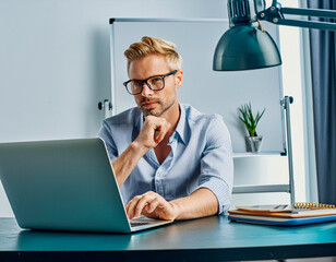 Middle aged handsome man working on laptop in office blonde guy eyeglasses looking screen computer