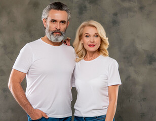 man woman couple with empty mock up white t-shirt Mockup in grey studio background