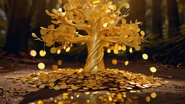 Golden Money Tree Growing in a Forest - Golden Tree with Falling Coins