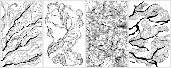 Set of hand drawn wavy backgrounds. Monochrome waves wallpapers.