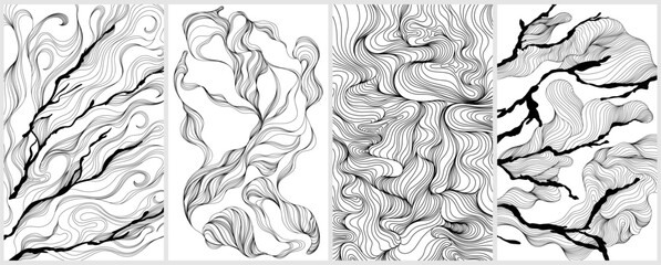 Set of hand drawn wavy backgrounds. Monochrome waves wallpapers.