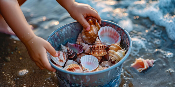 Summer concept - child holding backet of sea shells