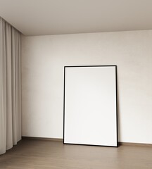 Empty framed canvas on light beige industrial wall next to a curtain mockups and art illustrations