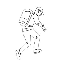 man with a backpack climbs into the mountains sketch on a white background vector