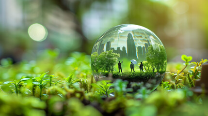 a glass ball on a plant background, concept on the importance of environmental protection for our future, created with generative AI technology