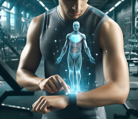 Man Using Smartwatch with Hologram Body in Gym