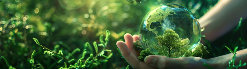 a glass sphere held by a hand on a plant background, concept on the importance of environmental protection for our future, created with generative AI technology