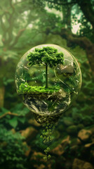 a glass ball on a plant background, concept on the importance of environmental protection for our future, created with generative AI technology