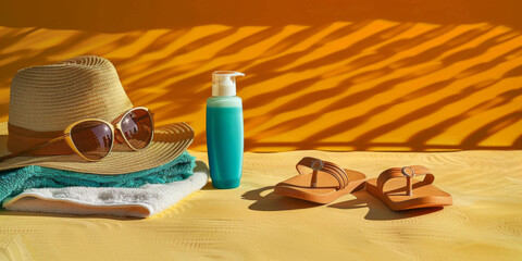 Summer concept - summer items like sun glasses, hat, shoes, sun cream