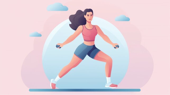 Cute woman workout with dumbell and fitness ball cartoon vector icon illustration. people sport icon
