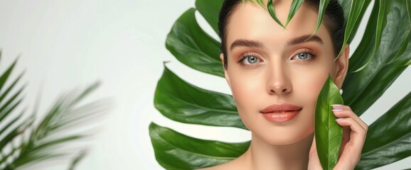Woman with clean, healthy skin face and hand holding a big green leaf isolated on a white background, for cosmetic advertising banner template