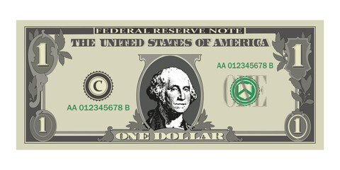 US Dollars 1 banknote 1 - American dollar bowl isolated on white background.