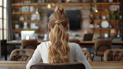 Attractive businesswoman sitting with her back to the camera in a modern office space.