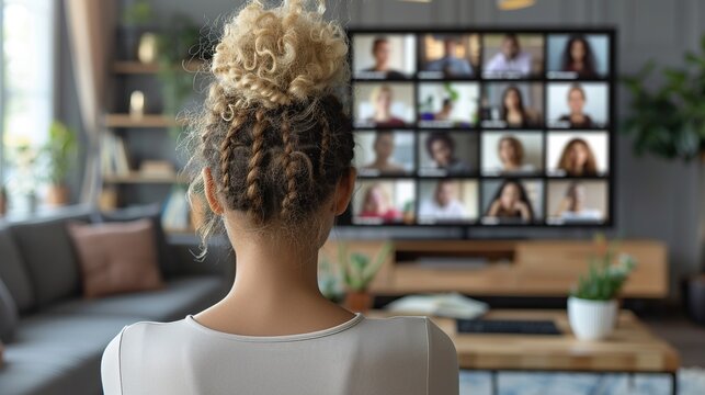  A woman is sitting in front of a TV screen. She is looking at a video call with multiple people on the screen.